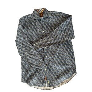 Tailorbird Dressy Casual‎ Brown Blue Paisley Button Down Stripe Cuff Men's L